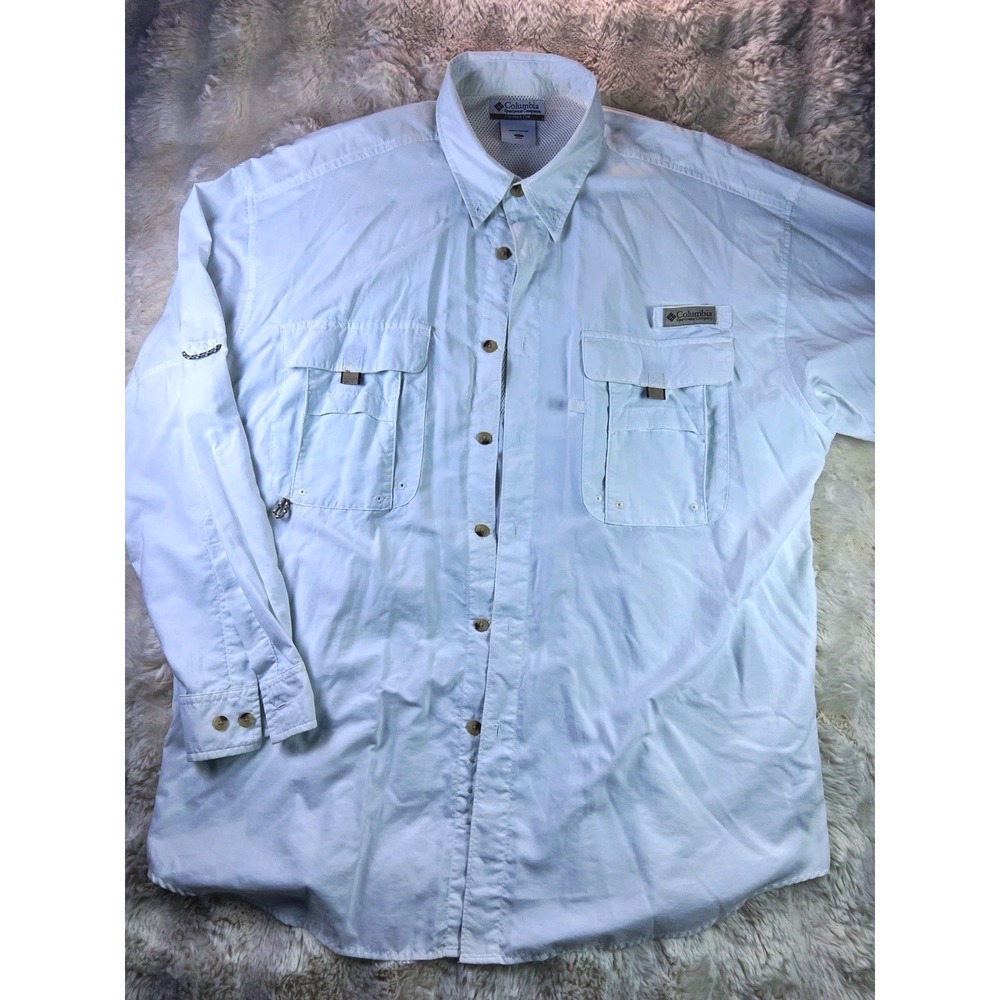 Columbia Men's L White Long Sleeve Button-Up Fishing Shirt Breathable Pocket A27